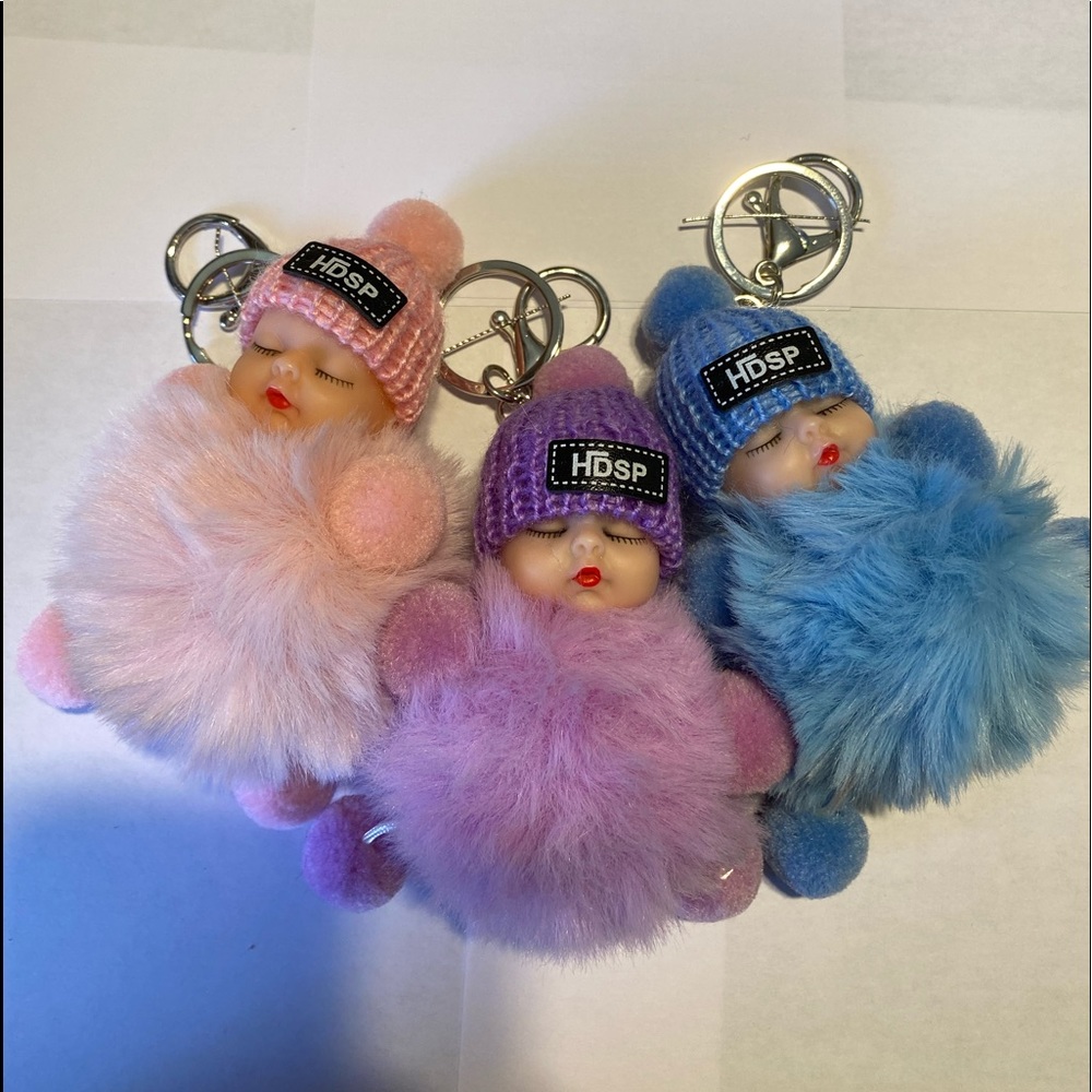 Sleeping little tiny baby doll pom bag purse clip on charm key ring chain NEW